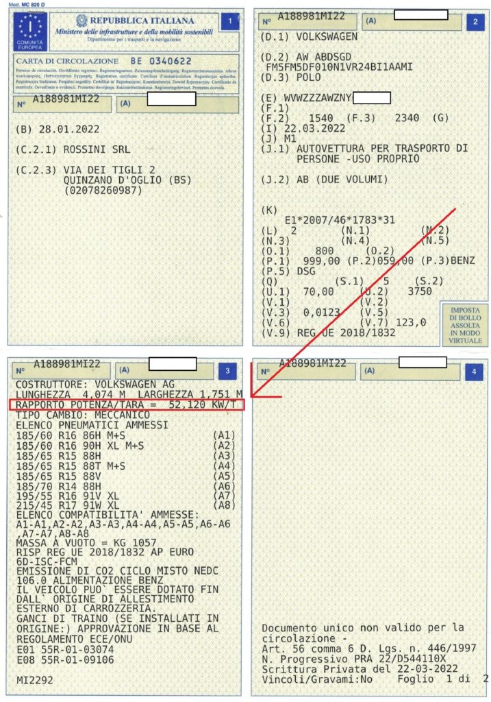 Lettura parametro rapporto potenza/tara su libretto di circolazione